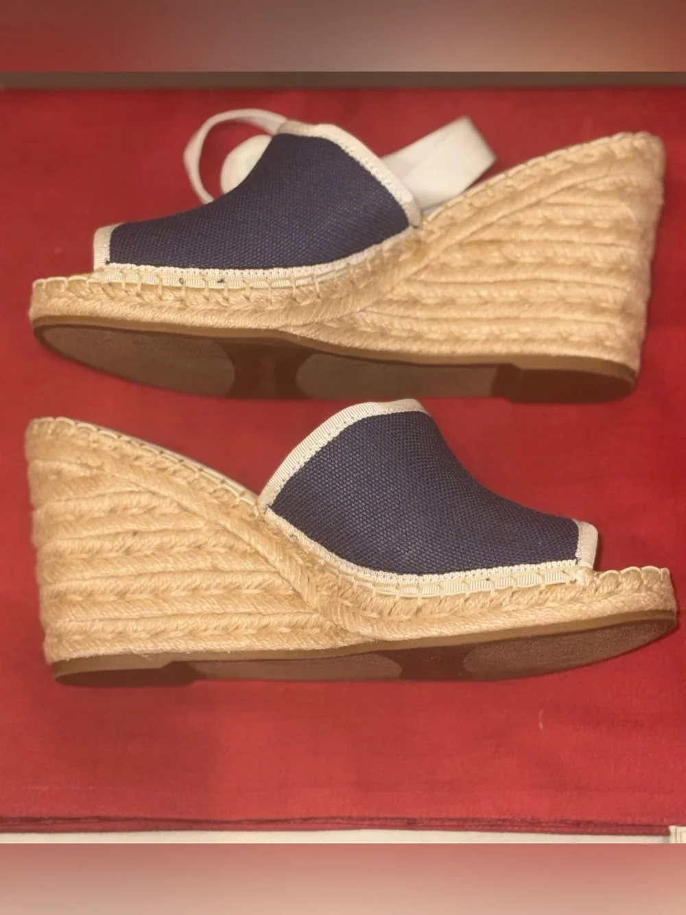 Franco Sarto Navy Canvas Sierra Espadrille Wedge with Cream Ankle Ties NIB 9.5M